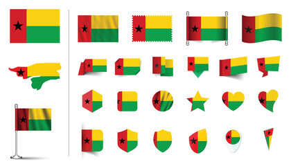 set of Guinea-Bissau flag, flat Icon set vector illustration. collection of national symbols on various objects and state signs. flag button, waving, 3d rendering symbols