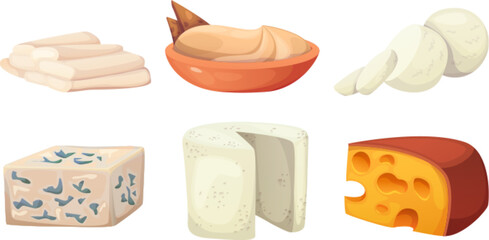 Different types of cheese. Cartoon vector illustration set of farm organic milky goods and ingredients. Full and cut, soft and hard cow milk curd for healthy eating. Fresh dairy product block.