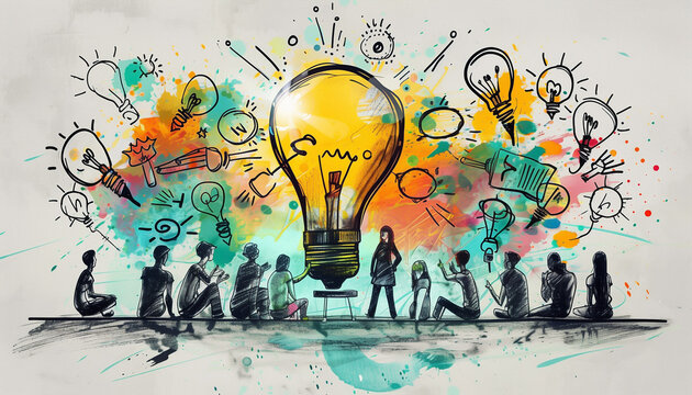 A group of people are sitting and brainstorming with various ideas. Splashes out in the shape of a light bulb. Ideas for learning strategic plans for teamwork