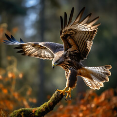 Common buzzard (Buteo buteo) flying in the autumn forest
