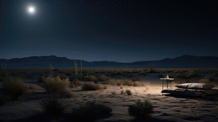 Night time in desert landscape background with stars, fullmoon light, skyline and milky way