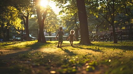 The playful interaction between children in a sunlit park, frozen in a moment of joy. 