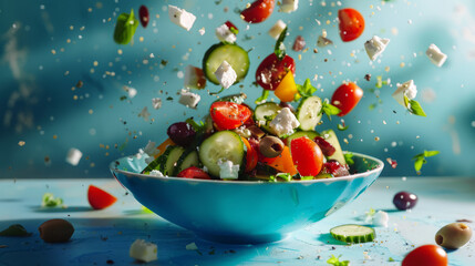 An exciting image capturing a colorful Greek salad with pieces of veggies and cheese flying through the air on a blue background - obrazy, fototapety, plakaty