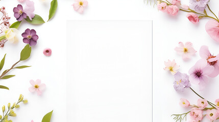 Pink blossom, nature beauty, fresh petals, romantic backdrop, summer love Congratulatory pink background with decor of flowers and a blank sheet of paper