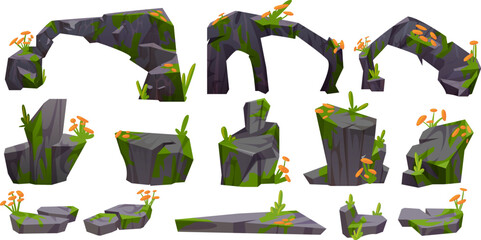 Grey big stone with moss and grass. Cartoon vector illustration set of rock boulders covered with lichen and wild flowers for jungle and forest landscape. Big gravel cliff rubble and arch block.