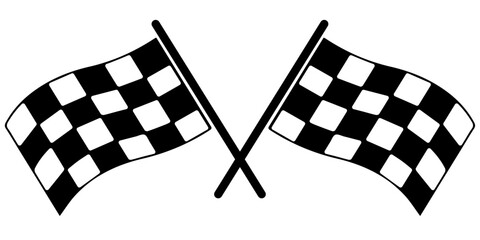 Two black and white checkered racing flags crossed. Racing, formula 1, competitions, start or finish flags.