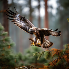 Common buzzard (Buteo buteo) flying in the autumn forest