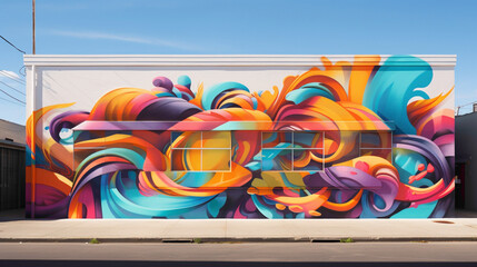 A cacophony of colors and shapes come alive in a street art mural, where graffiti-style lettering and abstract forms collide to create a visually stunning masterpiece.