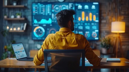 Businessman presenting data in office with data visualization with artificial intelligence neural network architecture.