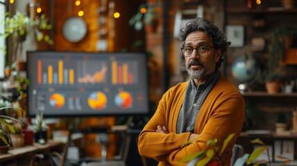 Fototapeta premium Businessman presenting data in office with data visualization with artificial intelligence neural network architecture.