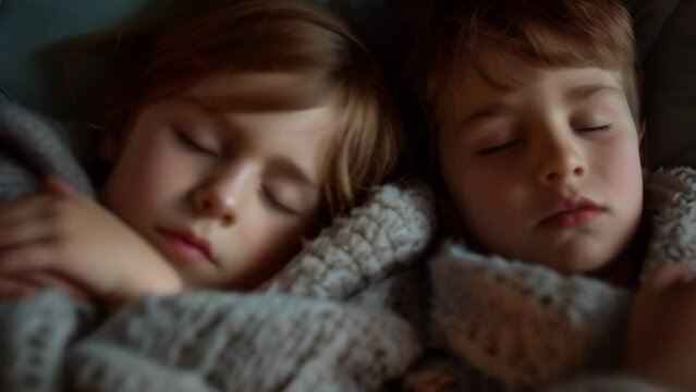 Two siblings peacefully sleeping side by side their blankets pulled up to their chins as they dream happy dreams.