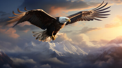 Obraz premium Bald Eagle in flight with mountain background. 3D illustration.