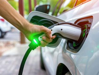 Person charging electric car, hand holding cable power supply pump with green light indicator, eco-friendly technology, sustainable life concept, modern white automobile, reduce pollution