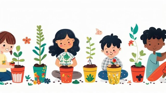 An illustration of children planting seeds in biodegradable pots and decorating them with colorful designs excited to watch their toy plants grow and thrive.