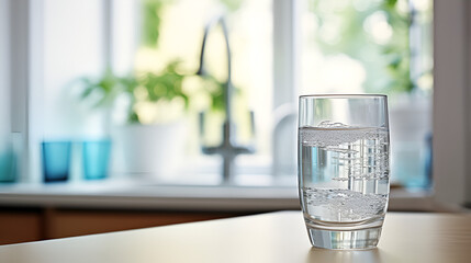 Purified and fresh drinking water is poured from the bottle into a glass beaker with blurry background 