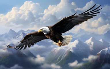 Obraz premium Bald Eagle in flight with mountain background. 3D illustration.