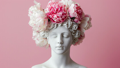 Ancient woman Statue with peonies flowers wreath