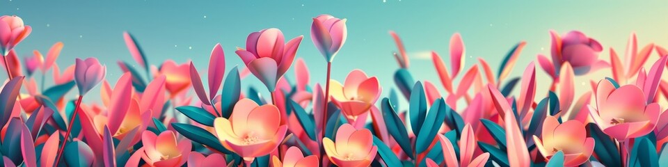 A tranquil scene of blooming tulips in radiant spring hues caressed by the golden morning sun, background, wallpaper, banner - obrazy, fototapety, plakaty