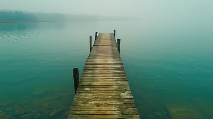 Misty Lake Horizon from Wooden Pier A solitary wooden pier points toward a hazy horizon, where the...