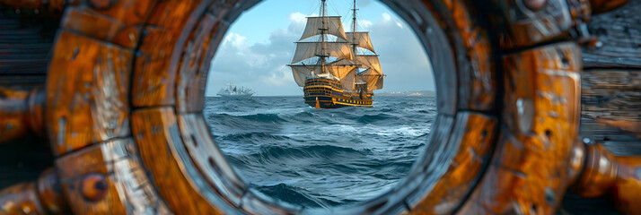 Close-up of a Boat Porthole with View of Old Gal,
View from the cave entrance a detailed caravel in the sea Waves