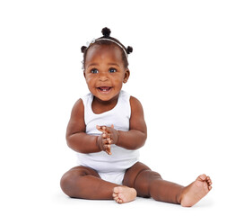 Baby, black girl and clapping in studio for happiness, growth and playful newborn with white background Infant, child and toddler for cheerful, excited or childhood development with hands together - obrazy, fototapety, plakaty