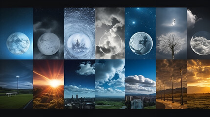 Weather forecast concept collage of variety Sky Collage Different Weather Set of vertical space banners with planets, nebula and stars