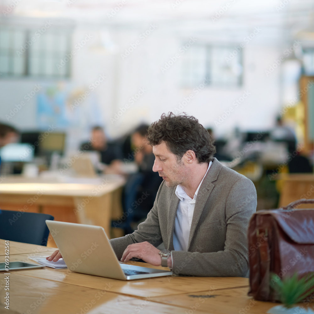 Poster employee, auditor and man with laptop for working with report of stock market on desk of workplace. 