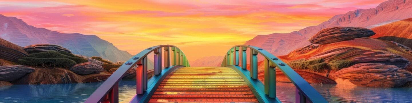 A painting depicting a vibrant bridge spanning a river or lake, background, wallpaper, banner