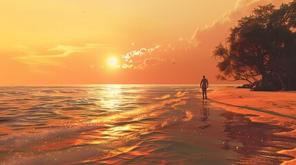 Fototapeta premium The serene scene of a rescuer disappearing into the sunset on a tranquil beach. 