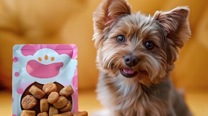 A cute poodle has a bag of dog food next to it. Indicates liking and being happy The food bags have a cute, minimal design on a clean, light-colored background.