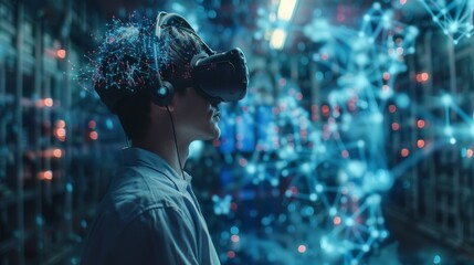 Scientist experiencing cutting-edge virtual reality technology in a futuristic setting