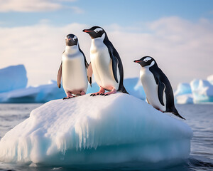 Obraz premium group of penguins on an iceberg, with serene Antarctic waters and ice formations in the background