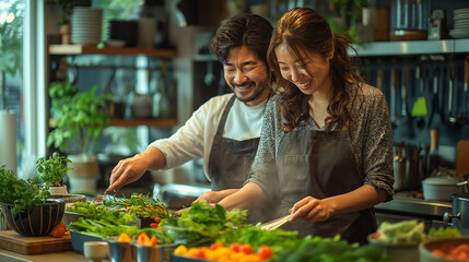 Beautiful couple cooking vegetables together in the kitchen