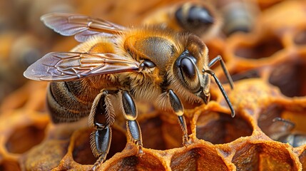 The queen bee is laying eggs. There are bee eggs and soldier bees all around. - obrazy, fototapety, plakaty