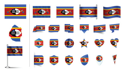 set of Eswatini flag, flat Icon set vector illustration. collection of national symbols on various objects and state signs. flag button, waving, 3d rendering symbols