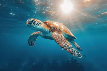 Gordijnen The sea turtle Bissa swims among the corals on the seabed. Photorealistic illustration generative AI.  © July P