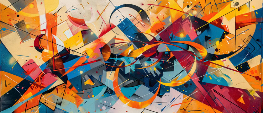 A vibrant street art masterpiece featuring graffiti-style lettering and abstract shapes, adding vitality to the cityscape.