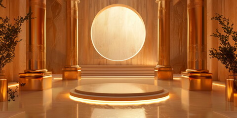 podium stage with Egyptian-inspired columns and architectural elements, in a luxurious setting. Generative AI