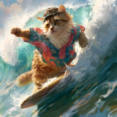 Felidae enjoying water recreation on surfboard art illustration - obrazy, fototapety, plakaty