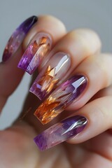 Close up on nail art with beautiful, romantic, gem, natural looking, luxury, basic background, square nails, purple and orange tones