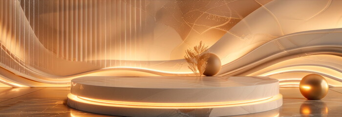 podium stage with golden line patterns and a wave-like backdrop, Generative AI