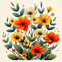 Flat Design, Beautiful Flower Illustration of flowers and leaves, Vector Style.