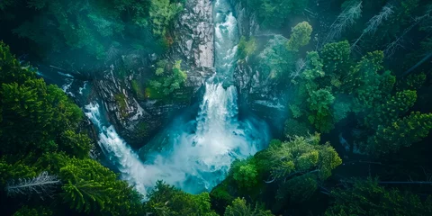 Foto op Plexiglas Top-down view of a cascading waterfall in a pristine wilderness area, Earth Day formed by the mist rising from the falls, promoting water conservation. Generative AI © Лилия Захарчук