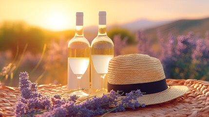 duo of wine glasses and a bottle amidst a lavender meadow accompanied by a straw hat flower filled basket and a picnic blanket create a romantic sunset scene - obrazy, fototapety, plakaty