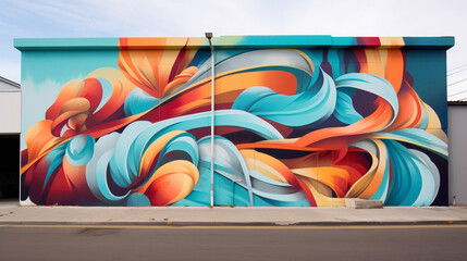 A vibrant street art mural adorned with bold graffiti-style lettering, pulsating with dynamic abstract shapes that electrify the urban landscape.