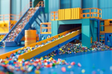 A conveyor belt is filled with plastic bottles and other trash