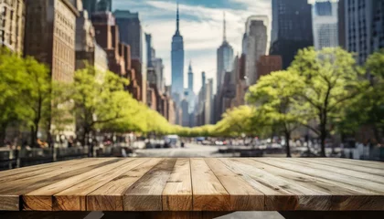 Raamstickers wooden bridge over the river, The empty wooden table top with blur background of NYC street. Exuberant image © FatimaBaloch