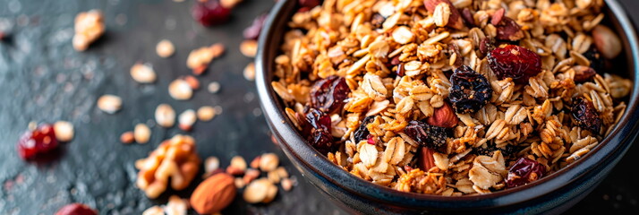 bowl of homemade granola, showcasing the crunchy clusters of oats, nuts, and dried fruit. Generative AI - obrazy, fototapety, plakaty