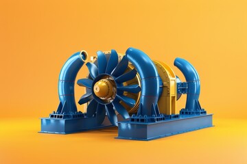 A blue and yellow machine with a blue fan