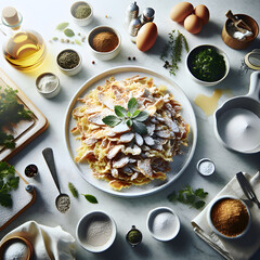 Kaiserschmarrn Pancake on Marble with Herbs and Spices - obrazy, fototapety, plakaty